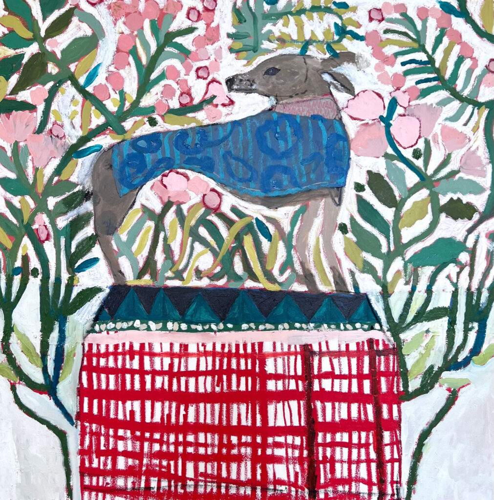 magnifique peinture d'un lévrier portant un manteau bleu et se tenant sur une table rouge avec des branches et des feuilles décoratives en arrière-plan par Cornelia O'Donovan | Cornwall Contemporary