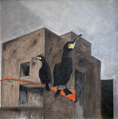 Brutalist Building with Two Cormorants