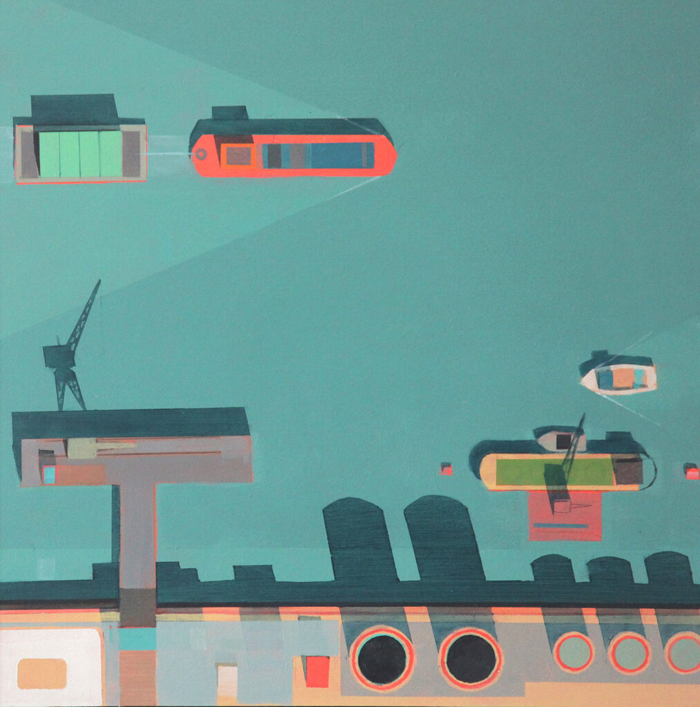 contemporary aerial view painting of boats on the Thames in London by Alasdair Lindsay | Cornwall Contemporary
