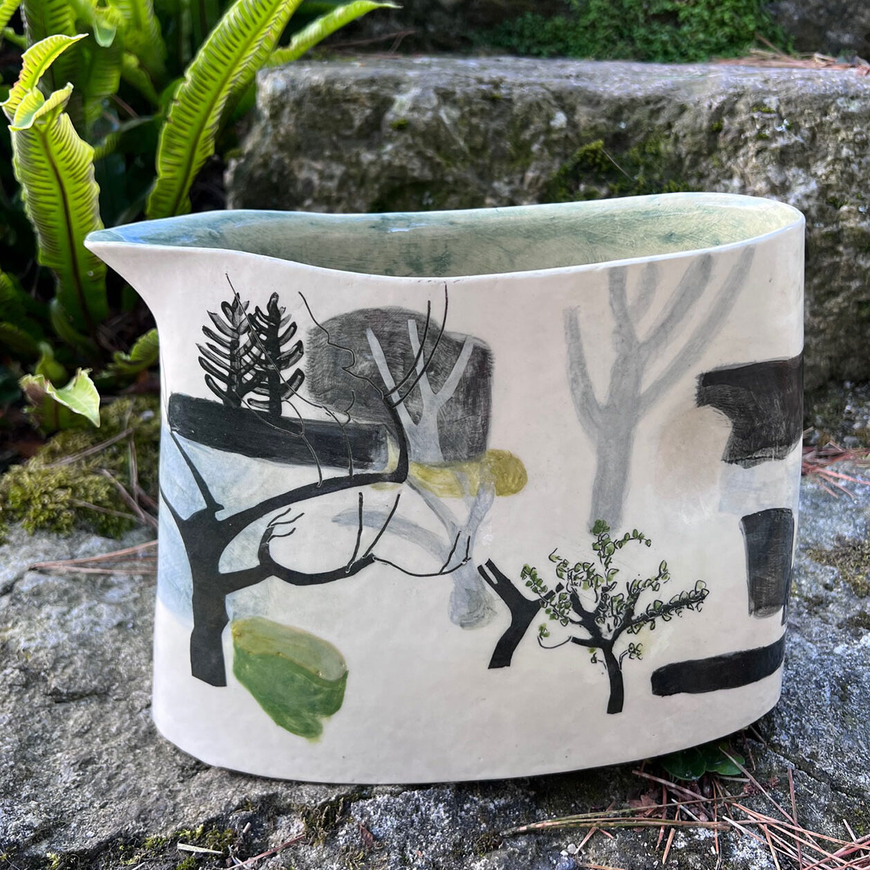 beautiful handbuilt and hand painted larges cream jug with trees on by Anna Lambert | Cornwall Contemporary