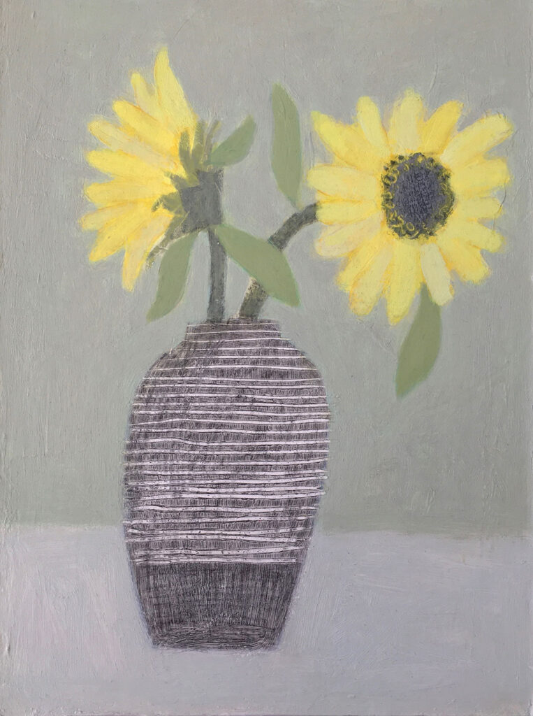 lovely still life painting of two sunflowers in a black and white striped vase on a green background by Emma McClue | Cornwall Contemporary