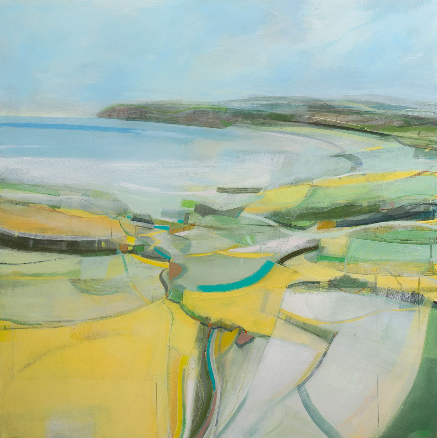 resplendant landscape painting in uplifting yellows and greens and a Cornish sea by renowned artist Fiona Millais | Cornwall Contemporary