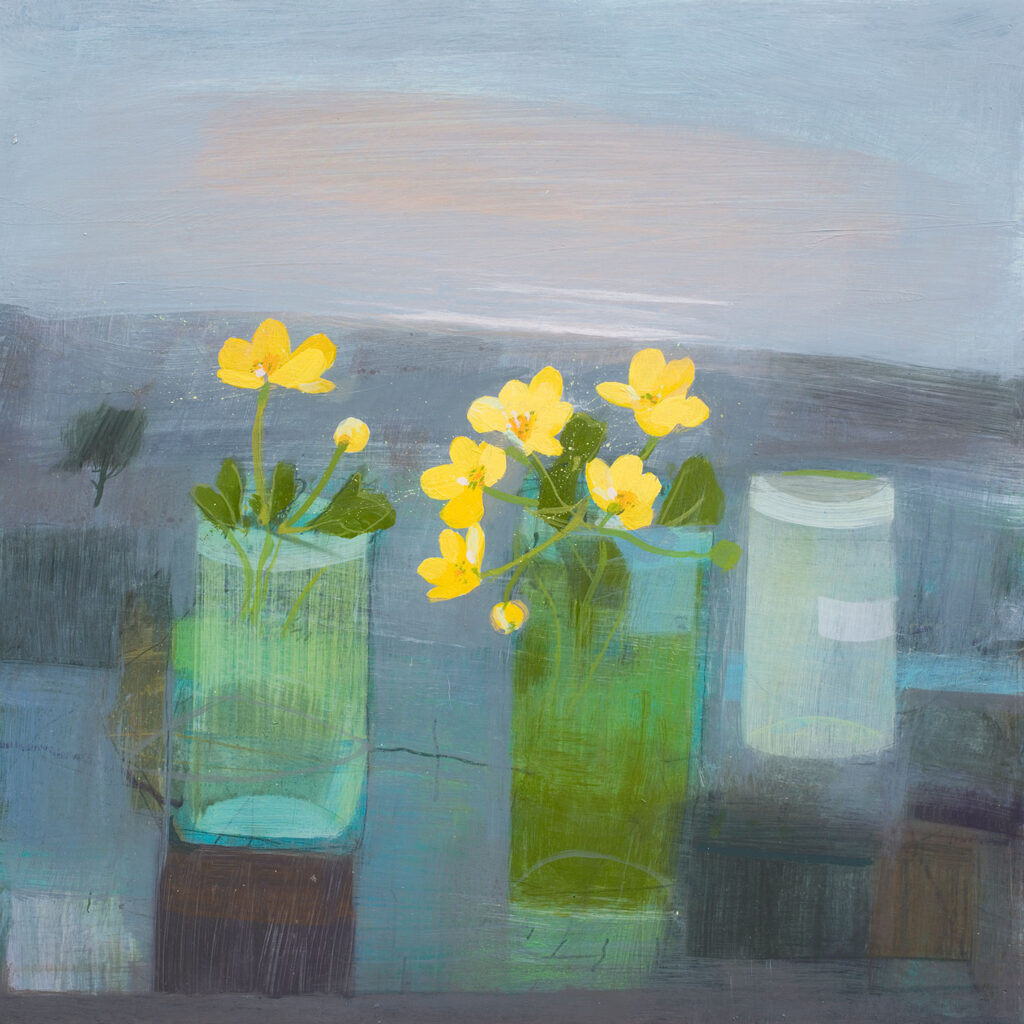 lovely still life painting of marigolds in green jars by Fiona Millais | Cornwall Contemporary