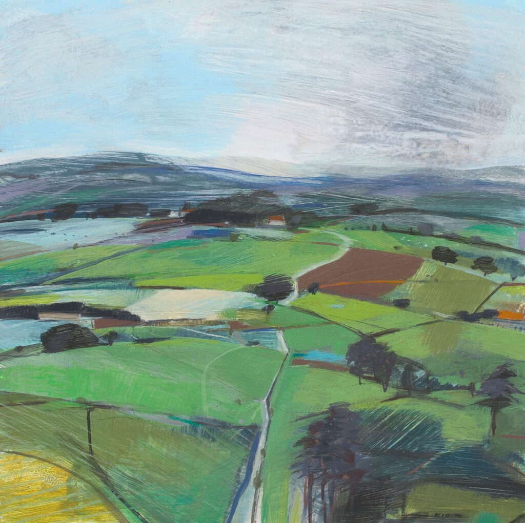 resplendant painting of lush green hills by Fiona Millais | Cornwall Contemporary