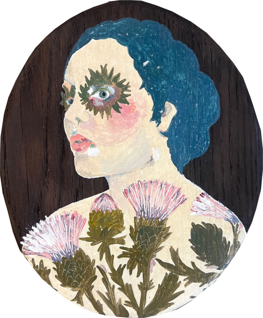 beautiful and quirky painting of a portrait of a woman with blue hair and thistles around her by Elizabeth Loveday | Cornwall Contemporary