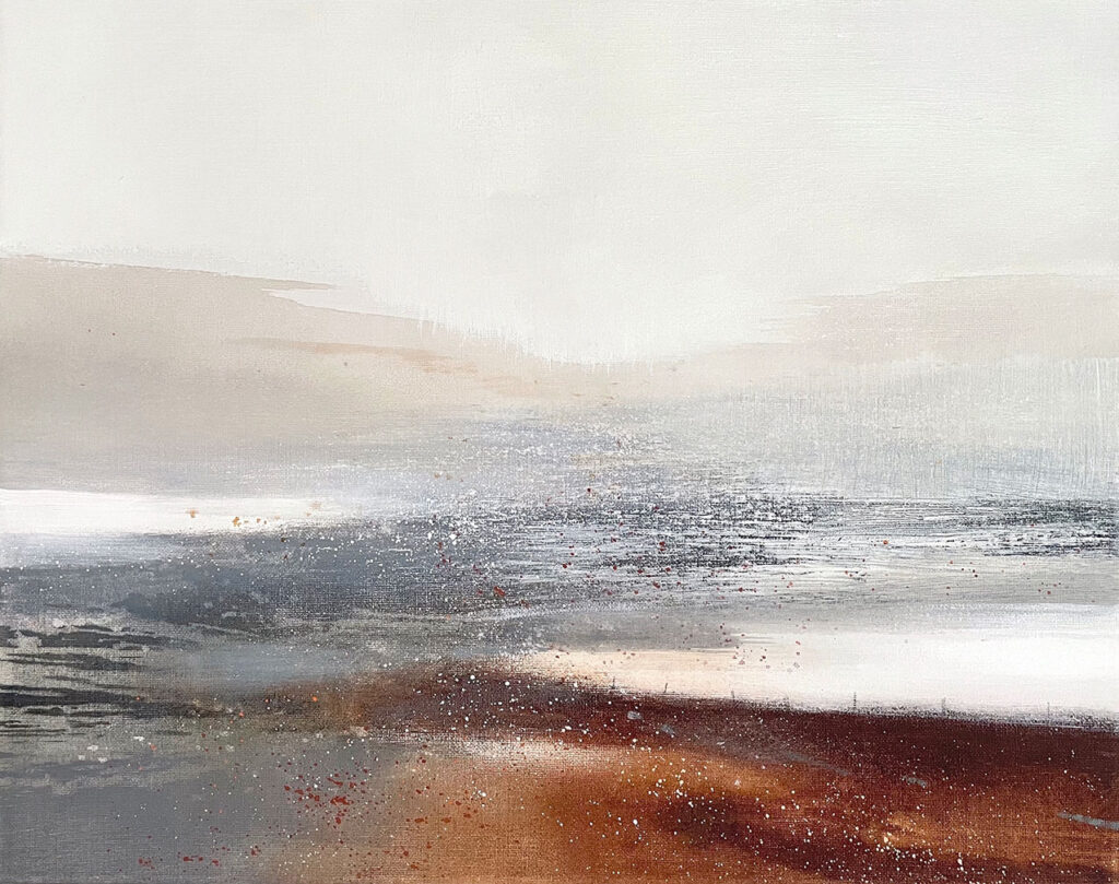 beautiful, dreamy landscape painting in subtle greys and browns with shining white light by Felicity Keefe | Cornwall Contemporary