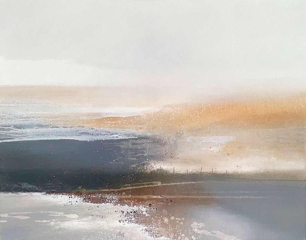 beautiful, dreamy landscape painting in subtle greys and browns with shining white light by Felicity Keefe | Cornwall Contemporary