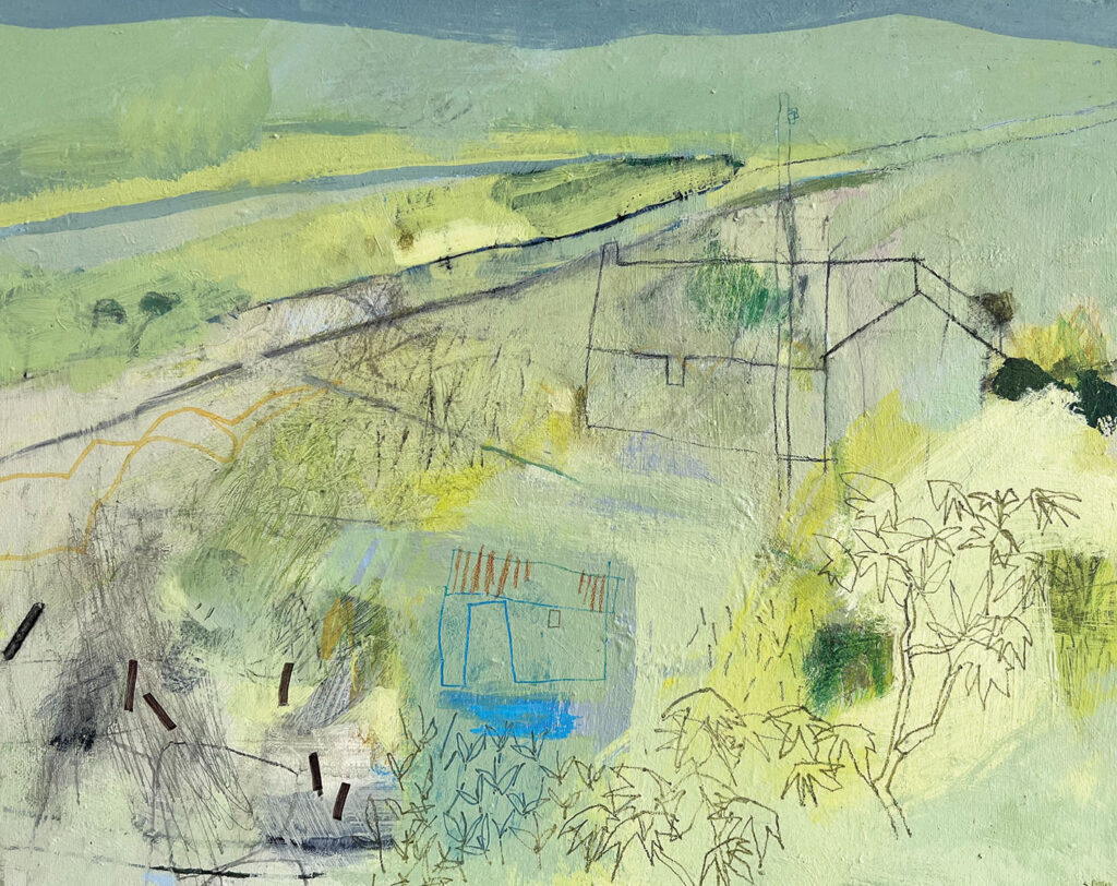 beautiful and modern painting of green fields in Cornwall by Simon Pooley | Cornwall Contemporary