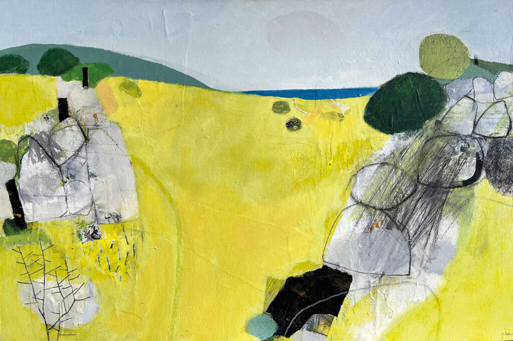 beautiful and contemporary landscape painting of a yellow cornish field, hedges and a blue sea in the distance by Simon Pooley | Cornwall Contemporary