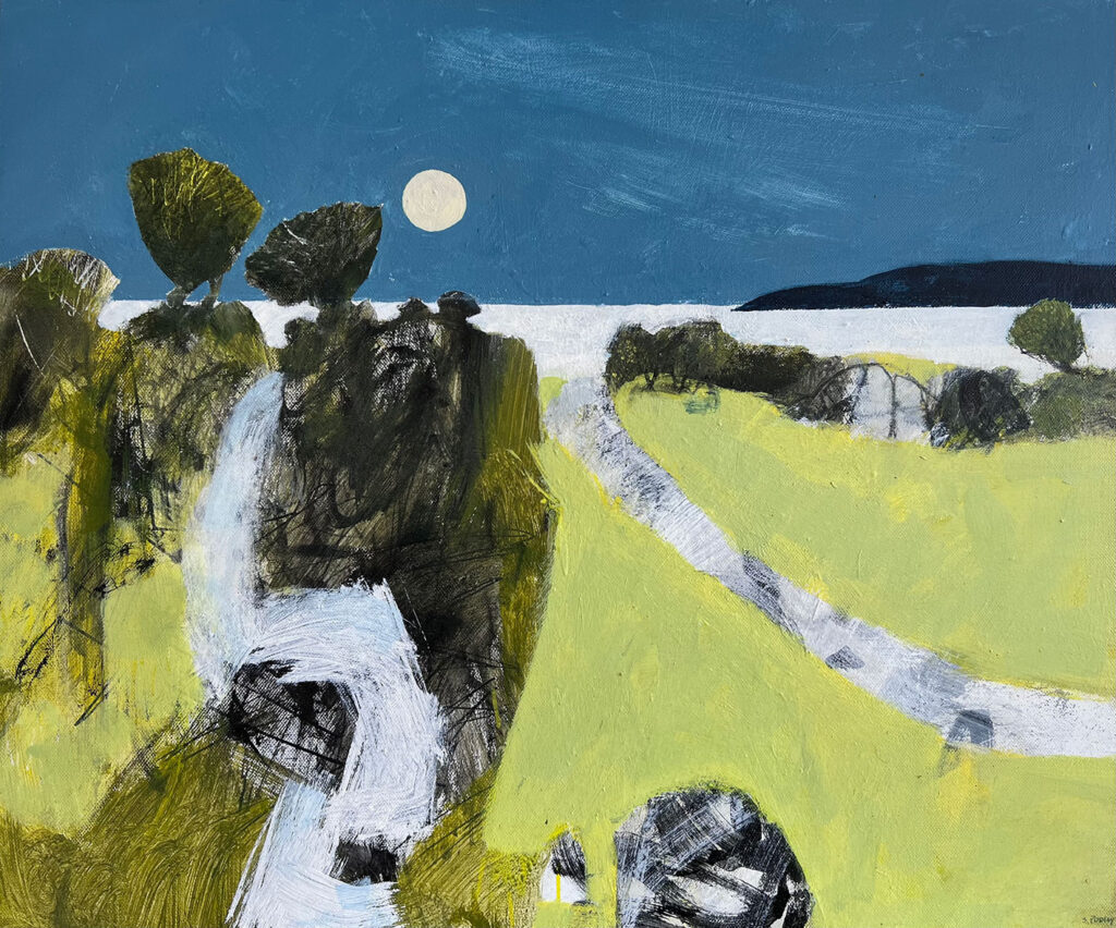 beautiful and contemporary landscape painting of a green cornish field, hedges and a silver moon in a deep blue sky by Simon Pooley | Cornwall Contemporary