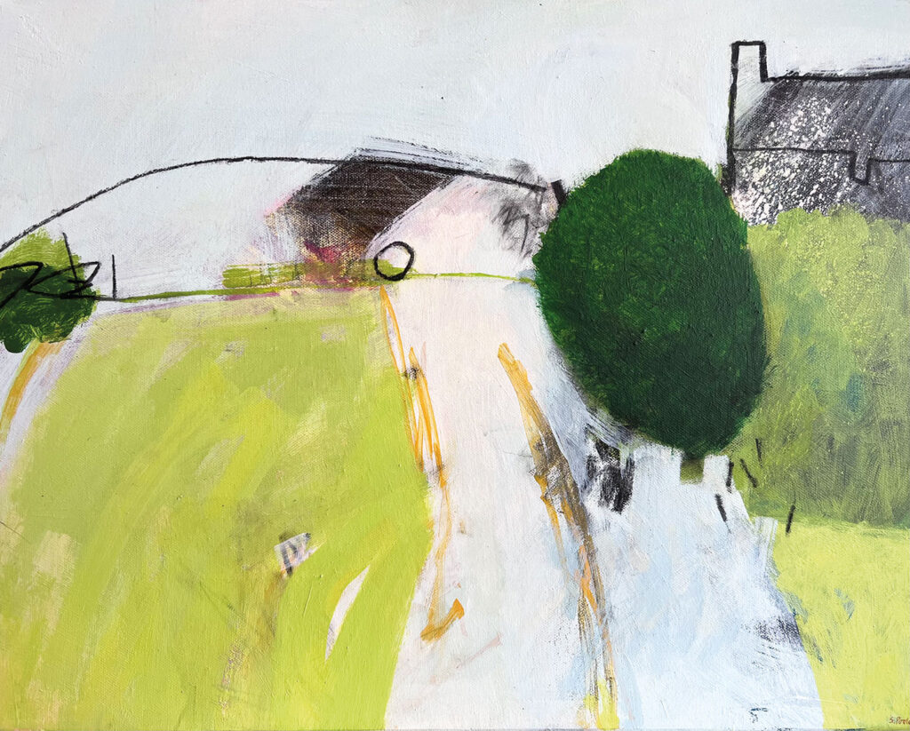 beautiful and contemporary landscape painting of a green field in Cornwall, hedges, a green tree and a Cornish cottage by Simon Pooley | Cornwall Contemporary
