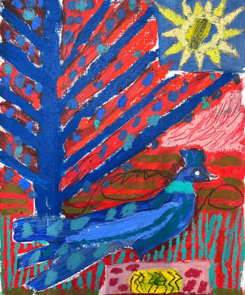 resplendant painting of a blue and red bird in front of a blue tree by Cornelia O'Donovan at Cornwall Contemporary gallery