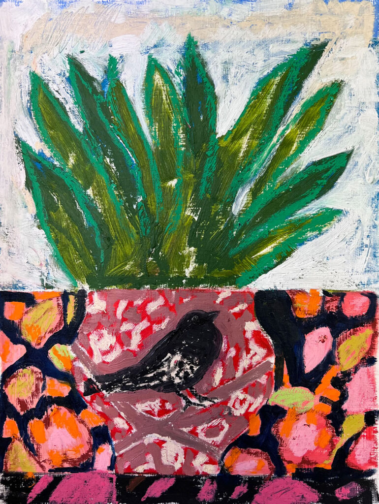 beautiful painting of a black bird whistling on a pattered table with a plant in the background by Cornelia O'Donovan | Cornwall Contemporary