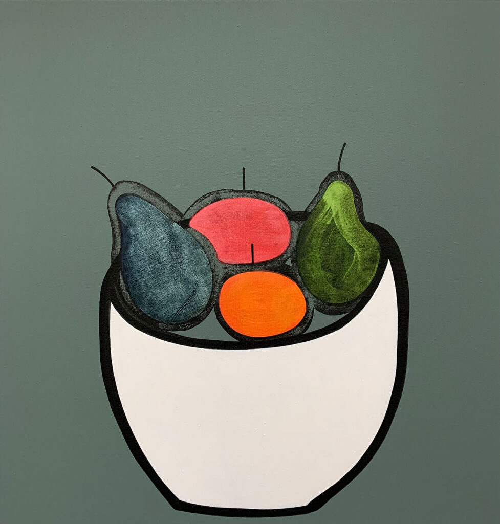 minimal and beautiful still life painting of fruit in a white bowl on a grey background by Jessica Cooper | Cornwall Contemporary