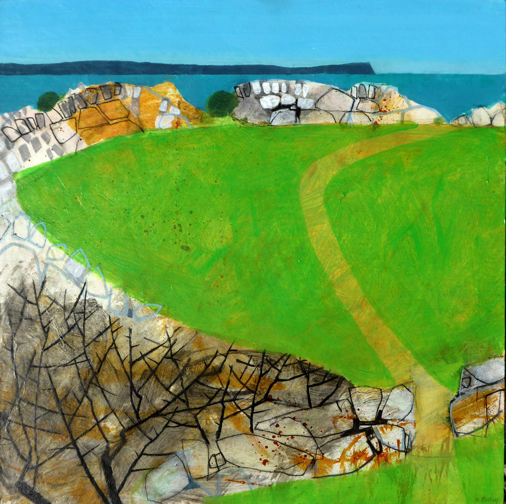 beautiful bold and bright landscape painting by Simon Pooley of a lush green cornish field, hedges and the sea in the distance | Cornwall Contemporary