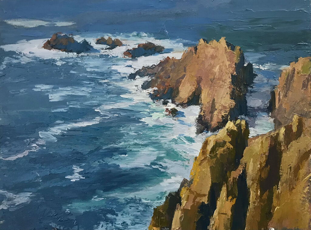 beautiful seascape painting of rocks in a blue cornish sea by Neil Pinkett | Cornwall Contemporary