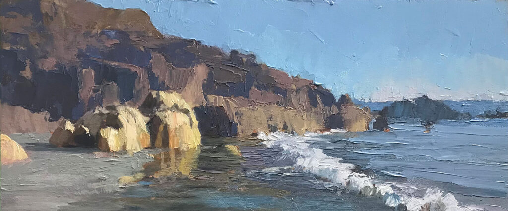 gorgeous painting of Cot Valley beach with waves rolling in on a sunny day bathing the cliffs in golden light by Neil Pinkett | Cornwall Contemporary