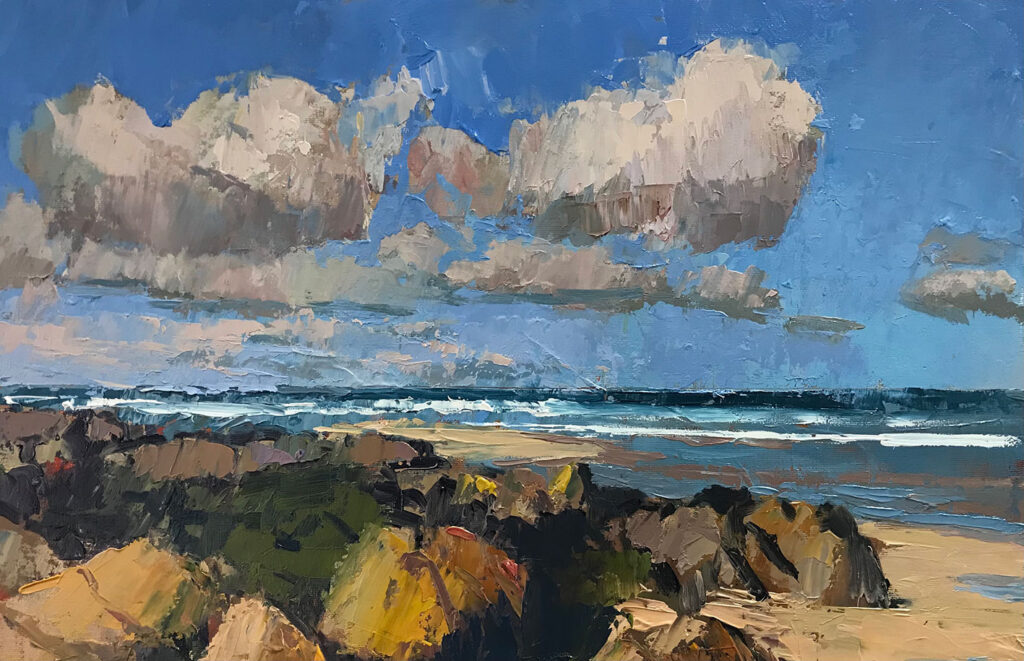 lovely sunny painting of Gwynver beach near sennen in Cornwall with fluffy white clouds in the sky and a blue sea by Neil Pinkett | Cornwall Contemporary