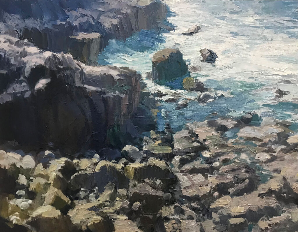beautiful painting of a rocky cornish beach and the blue sea and waves by Neil Pinkett | Cornwall Contemporary
