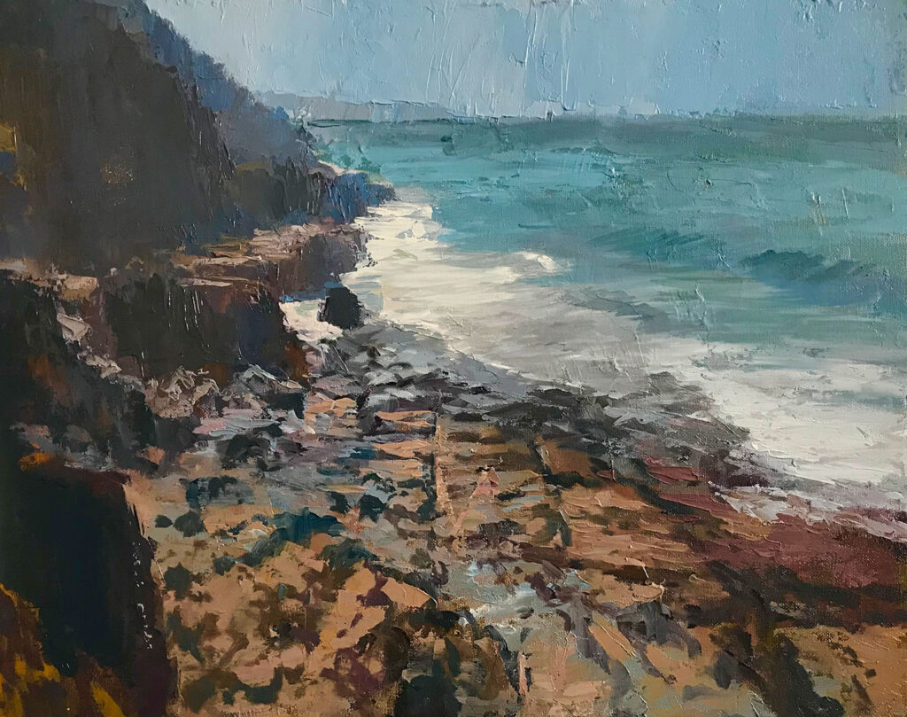 an oil painting of a beautiful sea in Cornwall and a rocky foreshore and a cliff by Cornish artist Neil Pinkett | Cornwall Contemporary