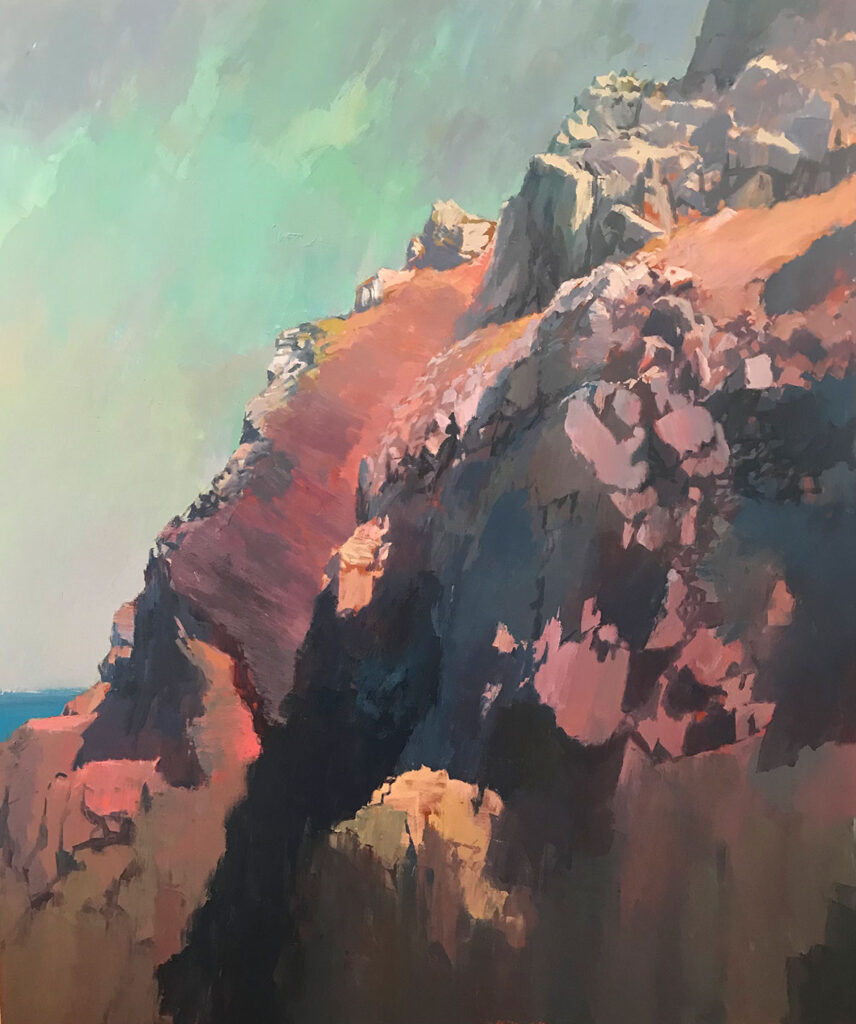 dramatic and beautiful painting of Cornish cliffs in russet reds and a turquoise sky by renowned landscape painter Neil Pinkett