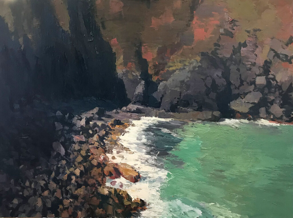 aerial view painting looking down onto a green cornish sea at the cloffs in Zennor by painter Neil Pinkett | Cornwall Contemporary