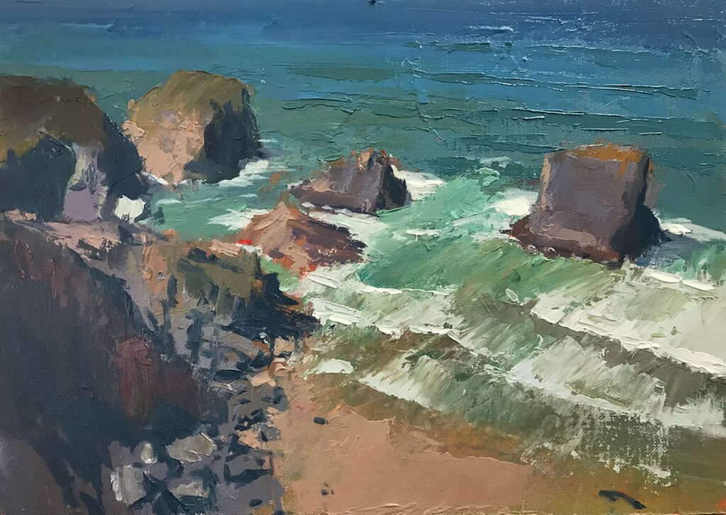 lovely painting of the sea and waves crashing into rocks in Cornwall by Neil Pinkett | Cornwall Contemporary