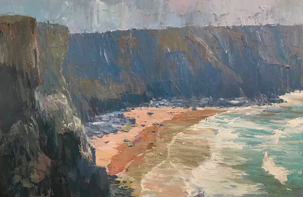 breathtaking oil painting of high cornish cliffs and a beautiful sandy beach and waves in Conrwall by Cornish artost Neill Pinkett | Cornwall Contemporary