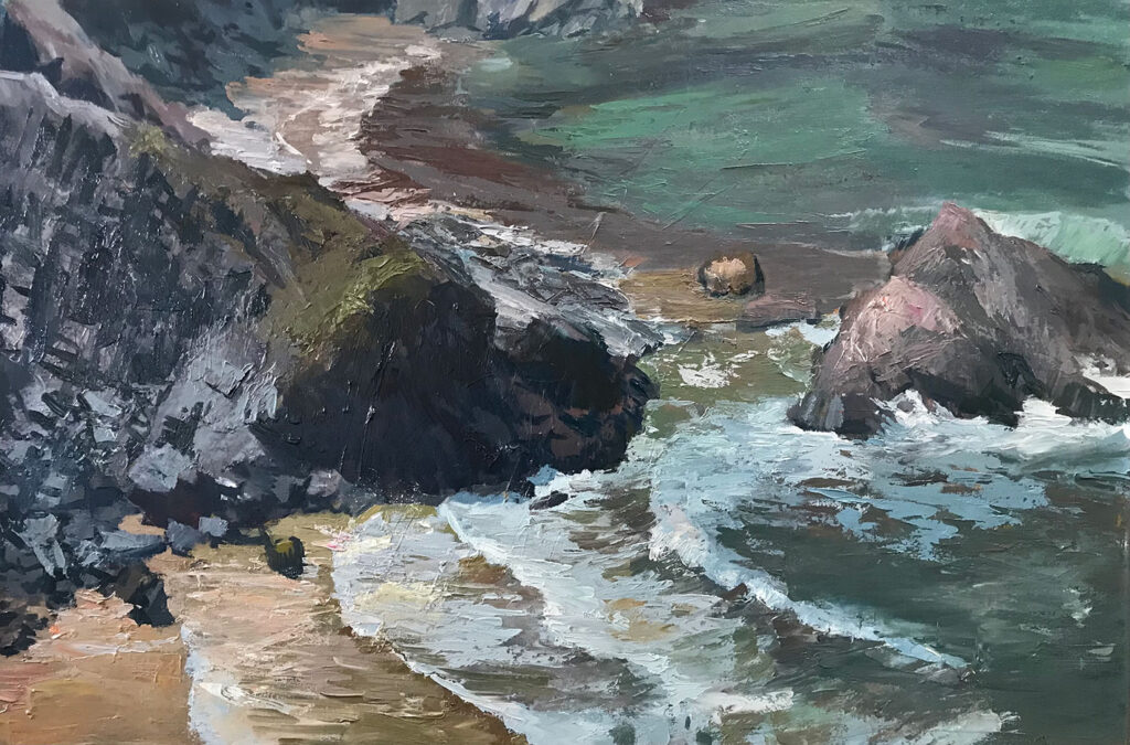 beautiful painting of the sea in Cornwall and a beach and cliffs by Neil Pinkett | Cornwall Contemporary