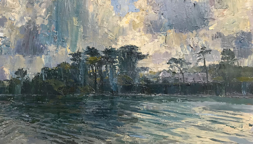 beautiful painting of tall trees with dappled light and ripples on the sea by Cornish artist Neil Pinkett | Cornwall Contemporary