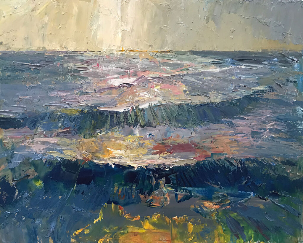 gorgeous oil painting of an impressionist seascape with textured impasto paint in purples and blues by Neil Pinkett | Cornwall Contemporary