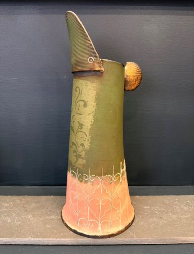 Tall Green and Pink vase with Shell handle